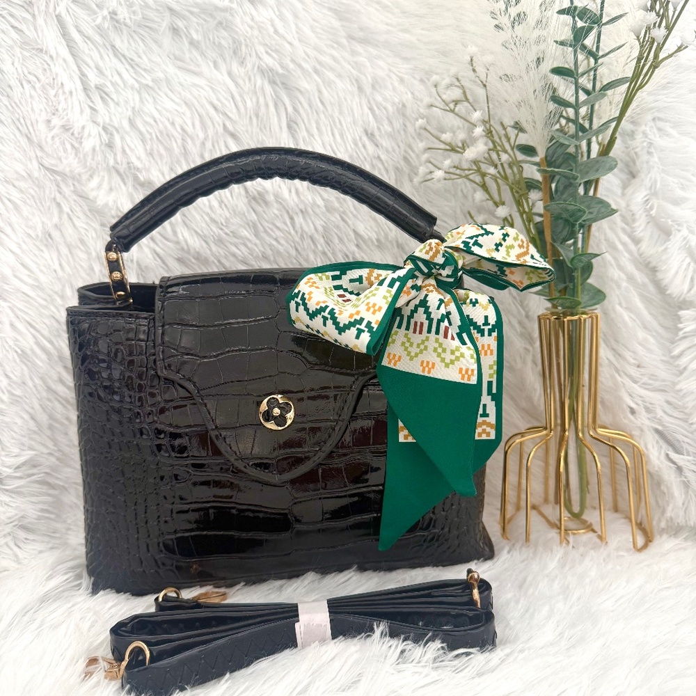 Black Croc-Embossed Top-Handle Crossbody Bag (scarf no longer on)